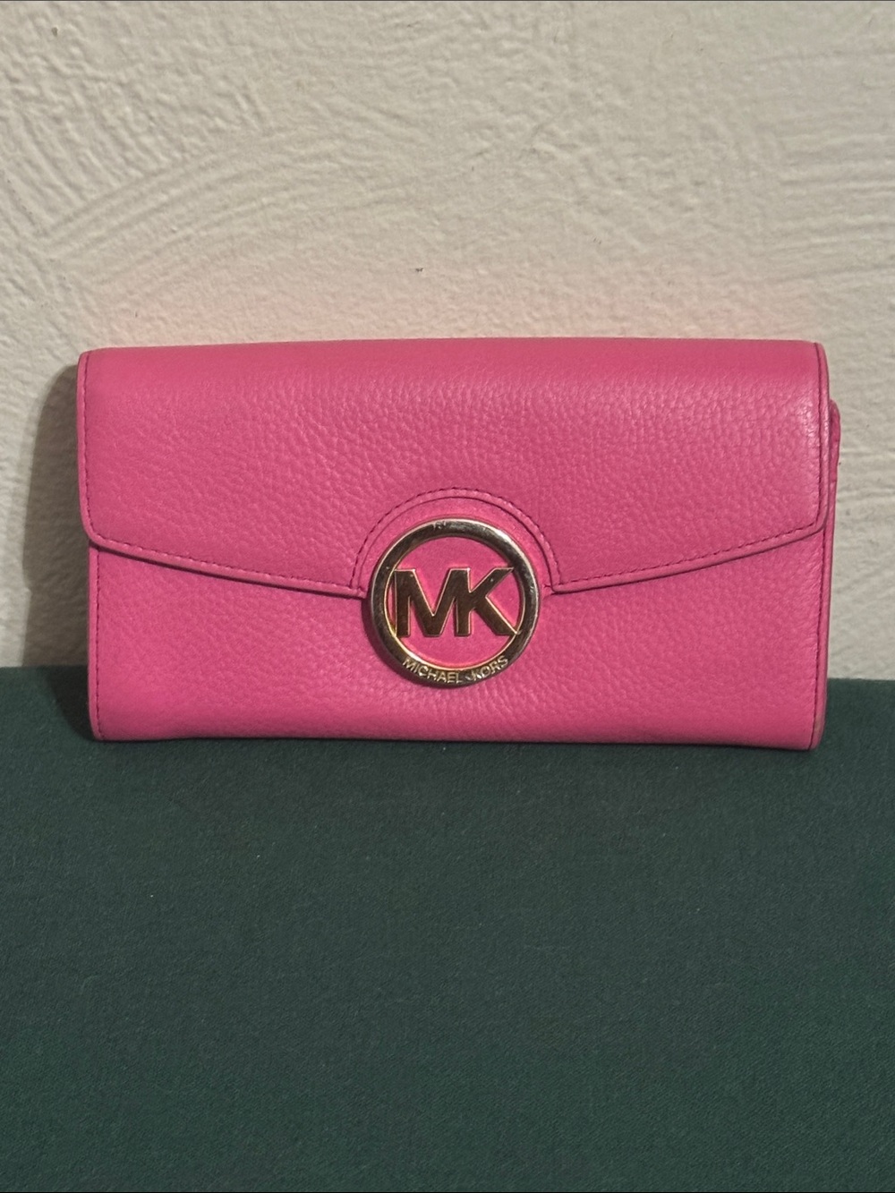 Michael Kors Hot Pink Pebbled Leather Continental Wallet with Gold MK Emblem